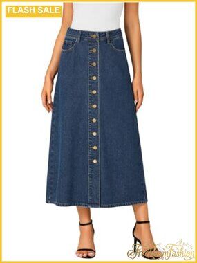 High Waisted Long Denim Skirt A Line Button Down Midi Jean Skirt